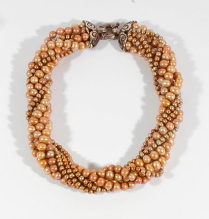 null Collier multi-rangs de perles de culture teintées en camaieu de brun-rosé, fermoir...