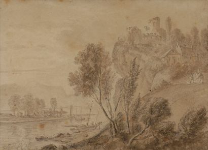 null Daniel MELBYE (1818 - 1875)
Paysage fluvial animé
Lavis brun sur traits de crayon...