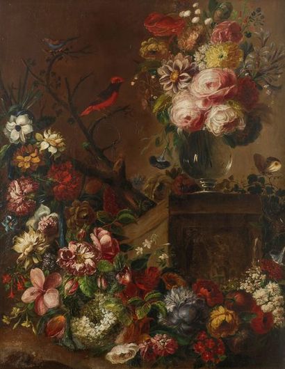 null ÉCOLE Française vers 1820
Natures mortes de fleurs dans des vases sur un entablement
Paire...