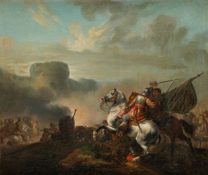 null Attribué à Georg Philipp RUGENDAS 
(1666 - 1742)
Chocs de cavalerie 
Paire de...