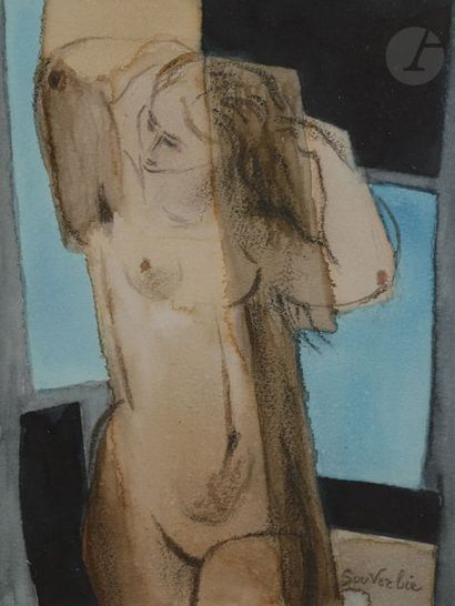 null Jean SOUVERBIE (1891-1981)
Nu se coiffant, vers 1960
Aquarelle sur traits de...