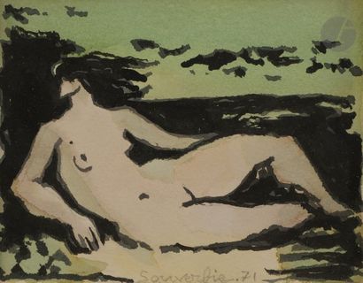 null Jean SOUVERBIE (1891-1981)
Nu devant la mer, 1971
Encre et aquarelle.
Signée...