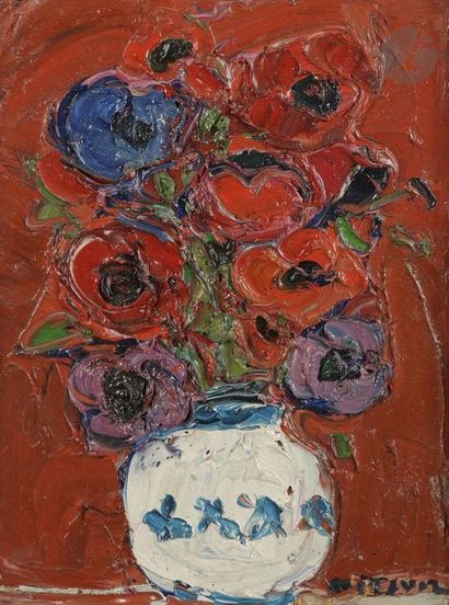 null André COTTAVOZ (1922-2012)
Bouquet d’anémones
Huile sur carton.
Signée en bas...