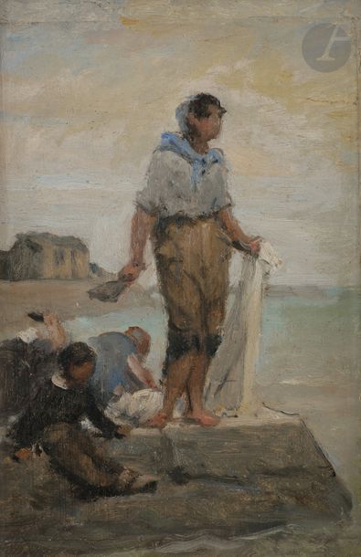 null Eugène FEYEN (1815-1908)
Pêcheur et ses enfants
Huile sur carton.
Non signée.
24...