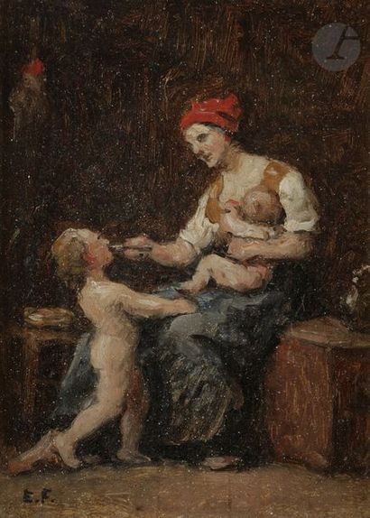 null Eugène FEYEN (1815-1908)
Mère nourrissant des enfants
Huile sur panneau.
Monogrammée...