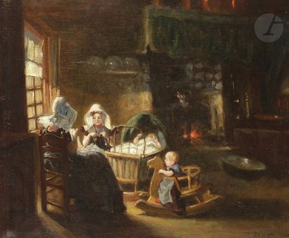 null Max SILBERT (1871-1930)
Femmes et enfants dans un intérieur
Huile sur toile.
Signée...