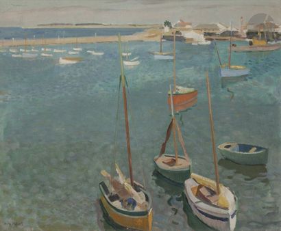 null Willem VAN HASSELT (1882-1963)
L’Île d’Yeu, bateaux au port
Huile sur toile.
Signée...