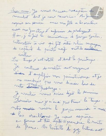 null Gaston CHAISSAC (1910-1964)
Lettre manuscrite.
Stylo bleu.
Signée.
Il parle...