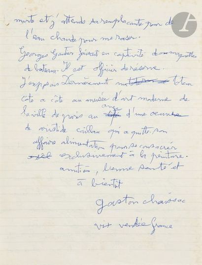 null Gaston CHAISSAC (1910-1964)
Lettre manuscrite.
Stylo bleu.
Signée.
Il parle...