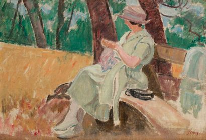 null Jean PUY (1876-1960)
Femme cousant sur un banc, 1914
Huile sur toile.
Signée...
