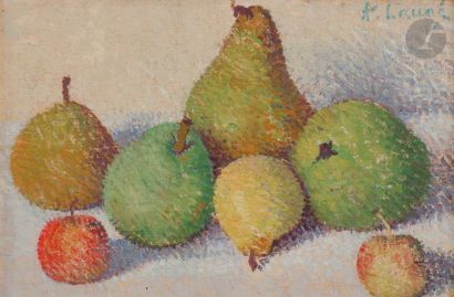 null Achille LAUGÉ (1861-1944)
Nature morte aux cinq poires et aux deux pommes
Huile...