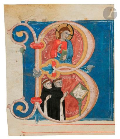 null Initiale « B » historiée. Christ et deux moines choristes
Fragment d’un antiphonaire...