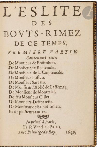 null [POÉSIE].
L’Eslite des bouts-rimez de ce temps.
Paris : au Palais, 1649. — In-16,...