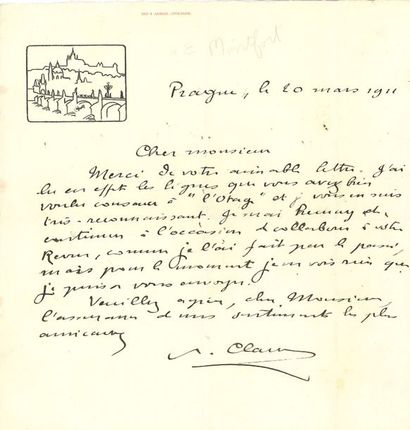 null LITTÉRATURE. 6 lettres ou poèmes autographes signés
Paul Claudel (Prague 1911,...