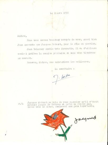 null Jacques PRÉVERT (1900-1977). Dessin original signé « Jacques », en bas d’une...