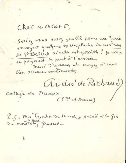 null André de RICHAUD. 3 L.A.S. à son éditeur (La Nouvelle Société d’Édition), Meaux...