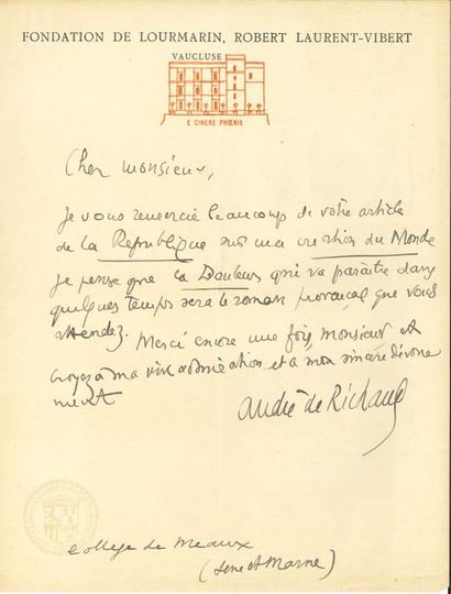 null André de RICHAUD. 2 L.A.S., Collège de Meaux 1930, à Frédéric Lefèvre ; 2 pages...