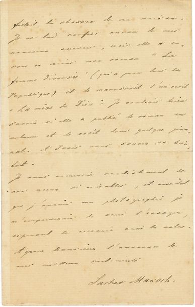 null Léopold von SACHER MASOCH (1836-1895). L.A.S., Gratz 22 janvier 1880 ; 4 pages...