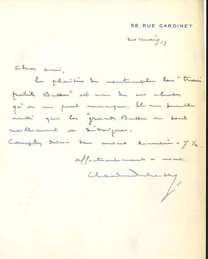 null Claude DEBUSSY (1862-1918). L.A.S., 20 mai 1903, à Henri Busser ; 1 page in-8...