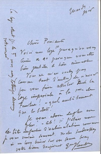 null Gustave FLAUBERT. L.A.S., [Paris] Mardi soir [23 février 1864], à Aglaé Sabatier,...