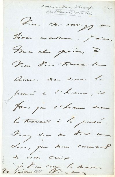 null Victor HUGO. L.A.S. « Victor », 20 juillet [1846, à Henry D’Escamps] ; 1 page...