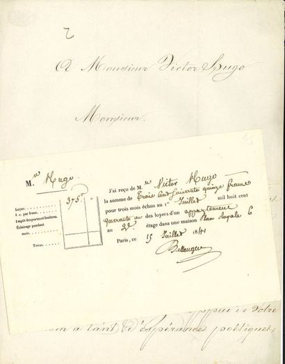 null [Victor HUGO]. 16 lettres ou pièces, 1841-1910
Quittance de loyer de l’appartement...