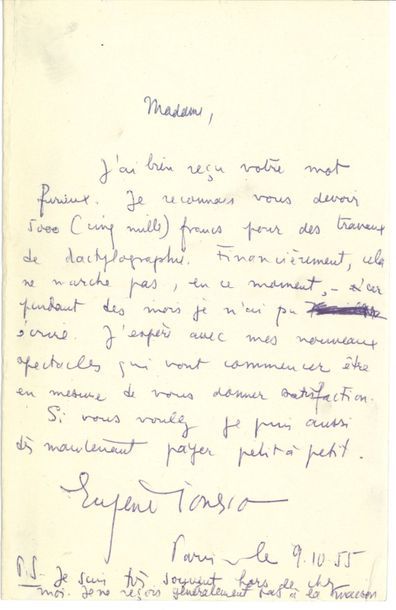 null Eugène IONESCO (1912-1994). 4 L.A.S., Paris 1955-1959 et s.d., à sa dactylographe...