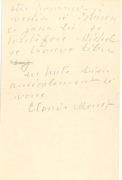 null Claude MONET (1840-1926). L.A.S., Giverny 6 mai 1915, à M. Depeaux, à Lescure...