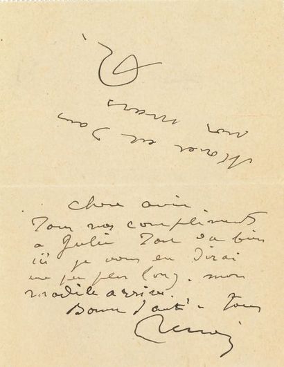 null Auguste RENOIR (1841-1919). L.A.S., [Paris 11.XII.1908], à Mlle Paule Gobillard ;...