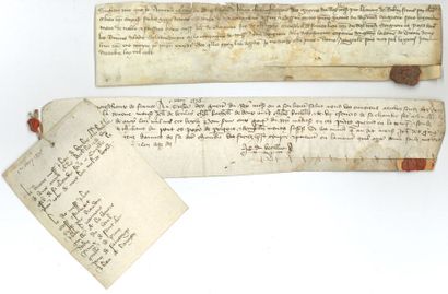 null GUERRE DE CENT ANS. 2 chartes manuscrites, 1355-1376 ; vélins oblongs in-8 :...