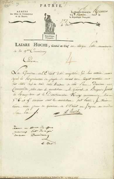 null Lazare HOCHE. L.S., Q.G. de Rennes 28 pluviôse III (16 février 1795), au citoyen...
