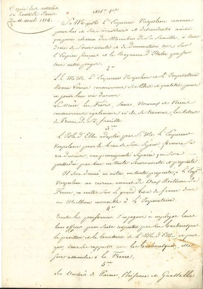 null [Napoléon Ier]. Copie d’époque du Traité de Paris du 11 avril 1814 ; 7 pages...