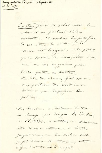 null NAPOLÉON III. P.A. et L.A.S. « N », [1853, au Grand Maréchal du Palais, le maréchal...