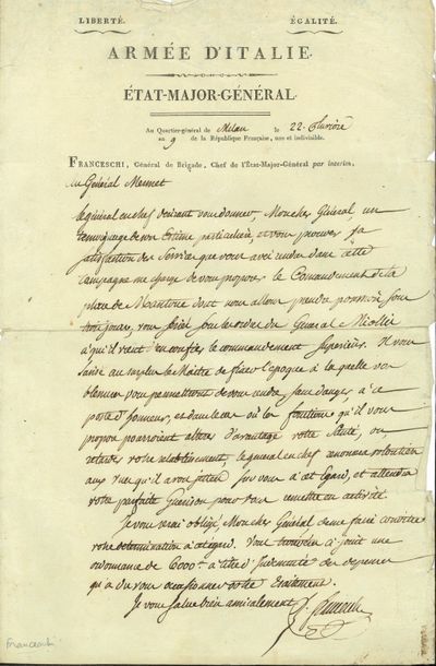 null RÉVOLUTION ET EMPIRE. 13 L.S. ou P.S., 1791-1815, au général Augustin Mermet ;...