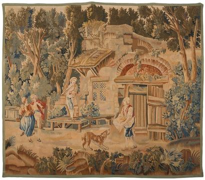 null 
Tapisserie d’Aubusson représentant une danse villageoise dans le goût de Teniers ;...