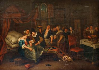 null 
École HOLLANDAISE du XVIIIe siècle, suiveur de Jan STEEN
A l’auberge 
Panneau...