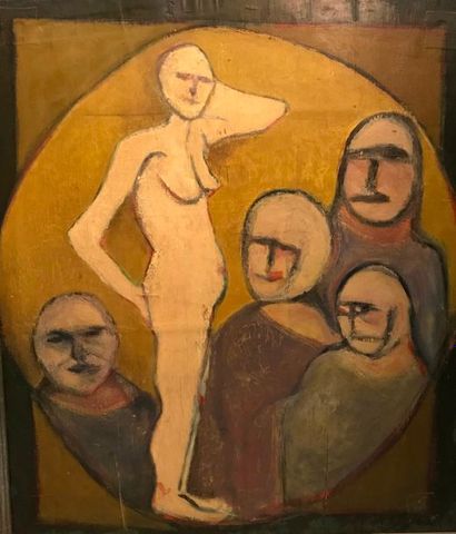 null ECOLE MODERNE Nu debout et personnages Huile sur panneau 94 x 81 cm