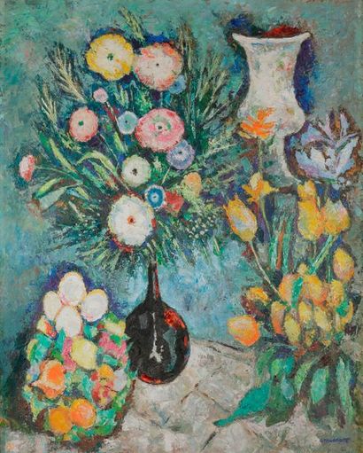 null Germaine NORDMANN (1902-1997)
Fleurs et œufs
Huile sur toile.
Signée en bas...