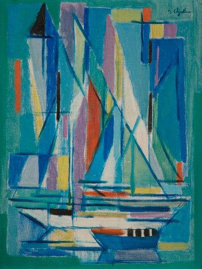 null Jean CHEVOLLEAU (1924-1996)
Yachts à l'ancre
Huile sur toile.
Signée en haut...