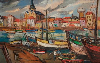 null Jean CHEVOLLEAU (1924-1996)
Le Port de Saint Gilles, 1950
Huile sur panneau.
Signée...