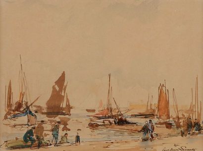 null Paul-Emile LECOMTE (1877-1950)
Pêcheurs au port
Encre et aquarelle.
Signée en...