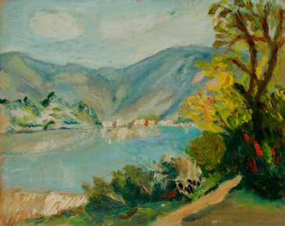 null Célestine MAZE (XIXe-XXe siècle)
Le Lac d'Aiguebelette, 1929
Huile sur panneau.
Signée,...