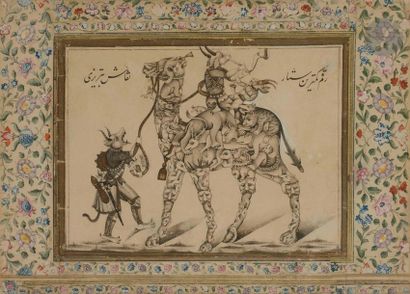 null Deux musiciens dîvs chevauchant un dromadaire composite, Iran qâjâr, signé Satâr...