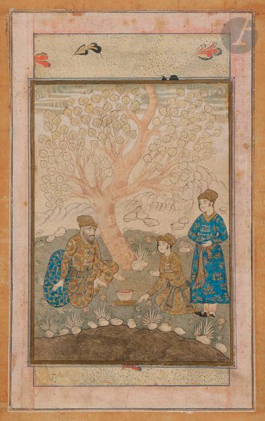 null Conversation sous un arbre, Iran, Style safavide, XIXe siècle
Gouache polychrome...