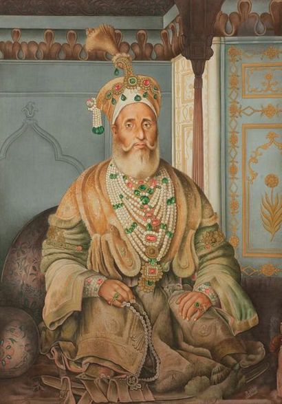 null Fath Ali shah, Iran Qâjâr, vers 1950, signé, et deux portraits de rois indiens...