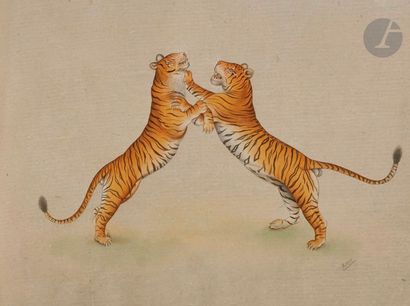 null Huit portraits de Rajas, et un combat de tigres par R. Vijay, Rajasthan, XXe...