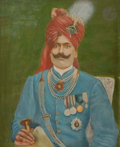 null Trois portraits de Rajas, Rajasthan, XXe siècle
Huiles sur toile.
- Maharaja...