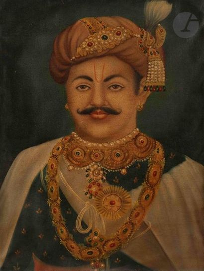 null Trois portraits de Rajas vishnouites, Rajasthan, XXe siècle
Huiles sur toile.
-...