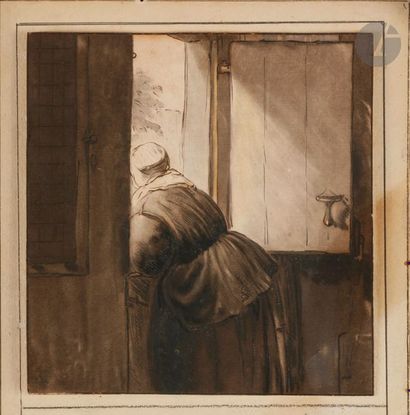 Cornelis Ploos van Amstel (1726-1798) Vieille femme de dos, penchée à sa fenêtre....