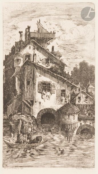 Rodolphe BRESDIN (1822-1885) Moulin à eau. 1866. Eau-forte. 89 x 169. Van Gelder...